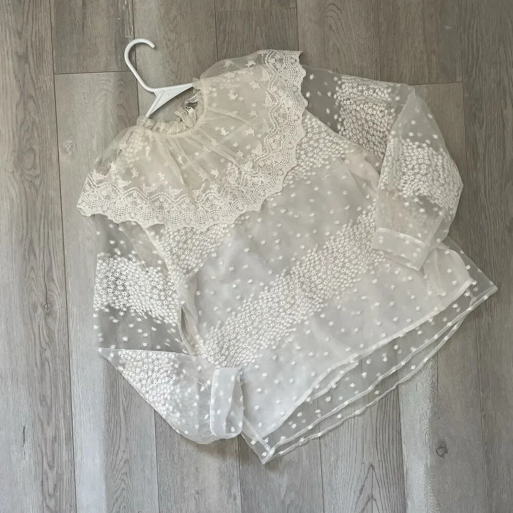 Zara Organza Blouse ecru embroidered sheer ruffle womens White (xsmall) cottage